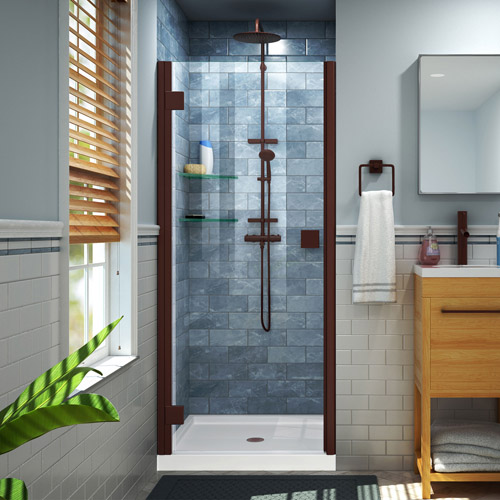 DreamLine Lumen 42 in. D x 42 in. W by 74 3/4 in. H Hinged Shower Door in Oil Rubbed Bronze with White Acrylic Base Kit