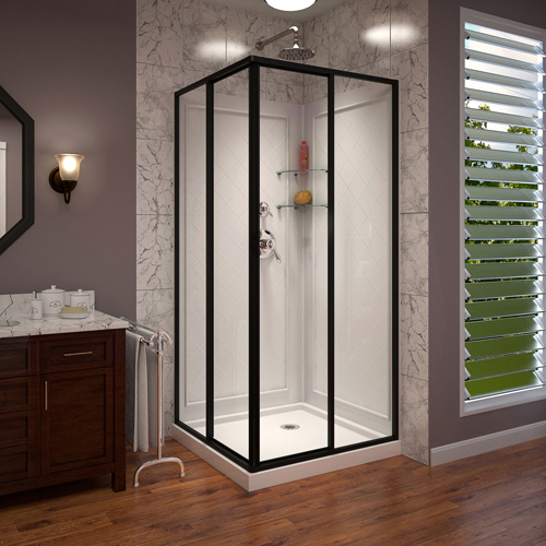 DreamLine Cornerview 36 in. D x 36 in. W Framed Sliding Shower Enclosure, Shower Base and Acrylic Backwall Kit in Satin Black