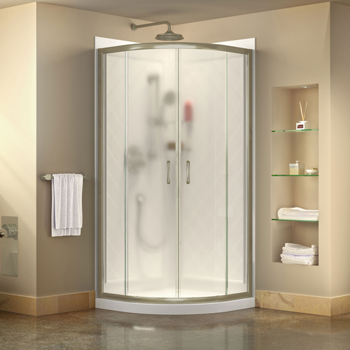 DreamLine Prime 33 in. x 76 3/4 in. Semi-Frameless Frosted Glass Sliding Shower Enclosure in Brushed Nickel with Base and Backwa