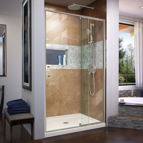 DreamLine Flex 32 in. D x 42 in. W x 74 3/4 in. H Semi-Frameless Shower Door in Brushed Nickel with Center Drain Biscuit Base Ki