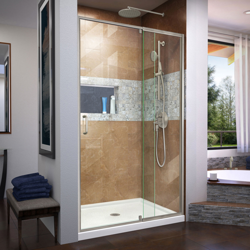 DreamLine Flex 36 in. D x 48 in. W x 74 3/4 in. H Semi-Frameless Shower Door in Brushed Nickel with Center Drain White Base Kit