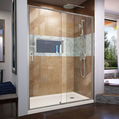DreamLine Flex 30 in. D x 60 in. W x 74 3/4 in. H Semi-Frameless Shower Door in Brushed Nickel with Right Drain Biscuit Base Kit