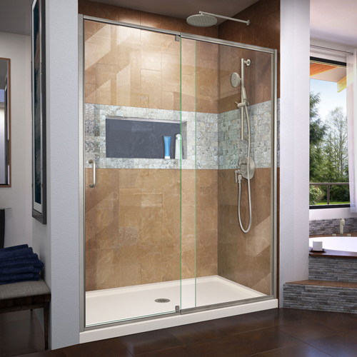 DreamLine Flex 32 in. D x 60 in. W x 74 3/4 in. H Semi-Frameless Shower Door in Brushed Nickel with Center Drain Biscuit Base Ki