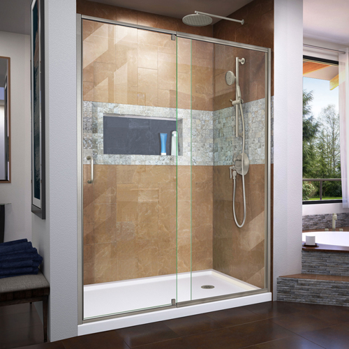 DreamLine Flex 32 in. D x 60 in. W x 74 3/4 in. H Semi-Frameless Shower Door in Brushed Nickel with Right Drain White Base Kit