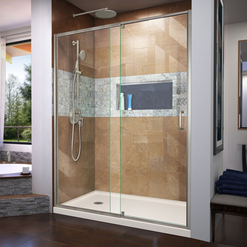 DreamLine Flex 34 in. D x 60 in. W x 74 3/4 in. H Semi-Frameless Shower Door in Brushed Nickel with Left Drain Biscuit Base Kit