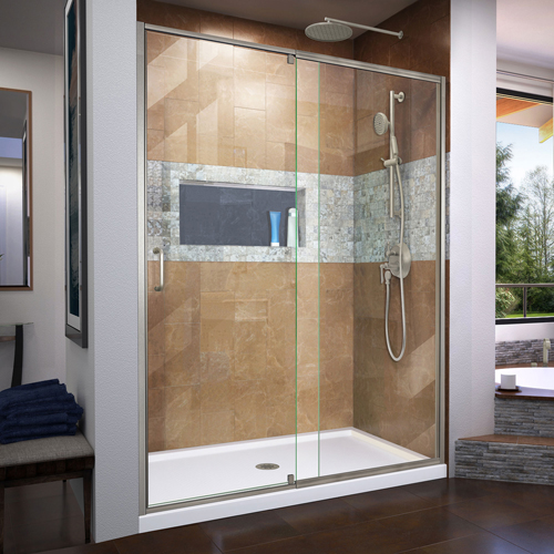 DreamLine Flex 36 in. D x 60 in. W x 74 3/4 in. H Semi-Frameless Shower Door in Brushed Nickel with Center Drain White Base Kit