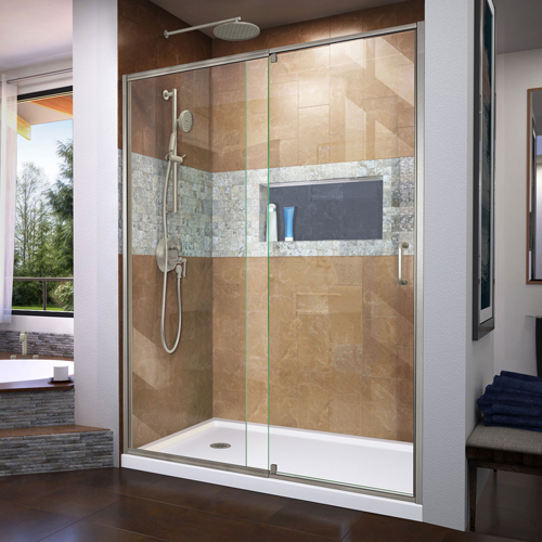 DreamLine Flex 36 in. D x 60 in. W x 74 3/4 in. H Semi-Frameless Shower Door in Brushed Nickel with Left Drain White Base Kit