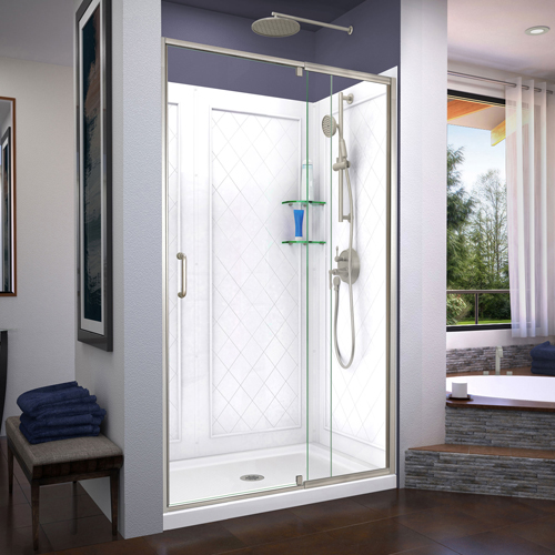 DreamLine Flex 36 in. D x 48 in. W x 76 3/4 in. H Semi-Frameless Shower Door in Brushed Nickel with Center Drain Base, Backwalls