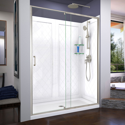 DreamLine Flex 32 in. D x 60 in. W x 76 3/4 in. H Semi-Frameless Shower Door in Brushed Nickel with Center Drain Base, Backwalls