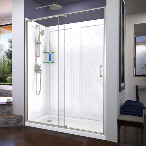 DreamLine Flex 34 in. D x 60 in. W x 76 3/4 in. H Semi-Frameless Shower Door in Brushed Nickel with Left Drain Base and Backwall