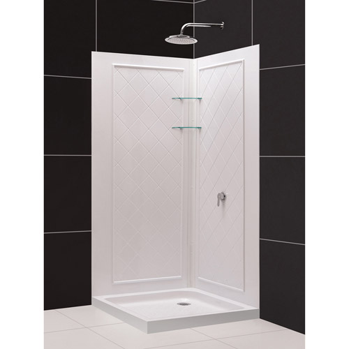 DreamLine 36 in. D x 36 in. W x 76 3/4 in. H SlimLine Double Threshold Corner Drain Base and Acrylic Backwall Kit in White