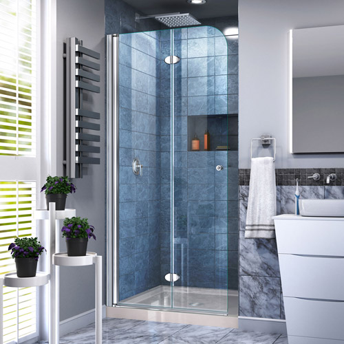 DreamLine Aqua Fold 36 in. D x 36 in. W x 74 3/4 in. H Frameless Bi-Fold Shower Door in Chrome with Biscuit Acrylic Base Kit