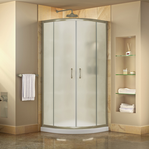 DreamLine Prime 33 in. x 74 3/4 in. Semi-Frameless Frosted Glass Sliding Shower Enclosure in Brushed Nickel with White Base Kit