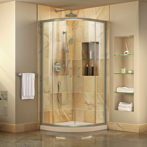 DreamLine Prime 33 in. x 74 3/4 in. Semi-Frameless Clear Glass Sliding Shower Enclosure in Brushed Nickel with Biscuit Base Kit