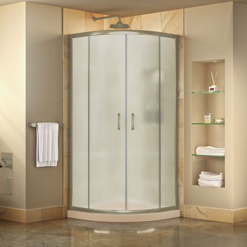 DreamLine Prime 33 in. x 74 3/4 in. Semi-Frameless Frosted Glass Sliding Shower Enclosure in Brushed Nickel with Biscuit Base Ki