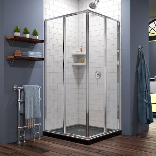 DreamLine Cornerview 42 in. D x 42 in. W x 74 3/4 in. H Framed Sliding Shower Enclosure in Chrome with Black Acrylic Base Kit