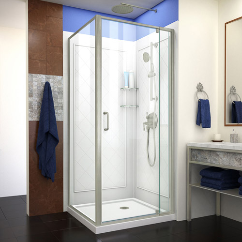 DreamLine Flex 36 in. D x 36 in. W x 76 3/4 in. H Semi-Frameless Shower Enclosure in Brushed Nickel with White Base and Backwall