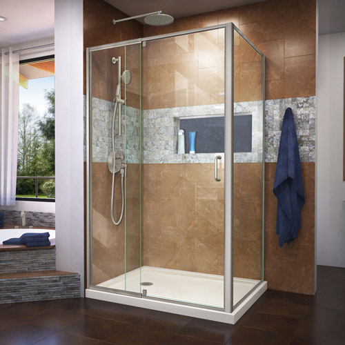 DreamLine Flex 36 in. D x 48 in. W x 74 3/4 in. H Semi-Frameless Shower Enclosure in Brushed Nickel with Left Drain Biscuit Base