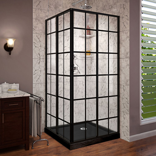 DreamLine French Corner 42 in. D x 42 in. W x 74 3/4 in. H Framed Sliding Shower Enclosure in Satin Black and Black Acrylic Base