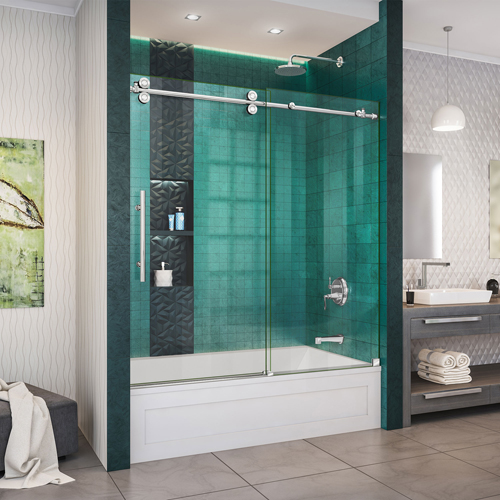 DreamLine Enigma-XO 55-59 in. W x 62 in. H Fully Frameless Sliding Tub Door in Polished Stainless Steel