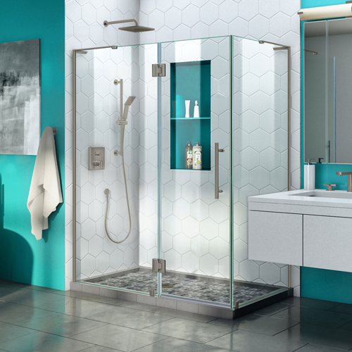 DreamLine Quatra Plus 32 in. D x 46 in. W x 72 in. H Frameless Hinged Shower Enclosure in Brushed Nickel