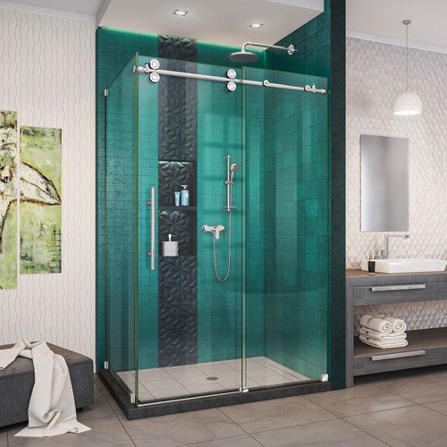 DreamLine Enigma-XO 32 1/2 in. D x 44 3/8-48 3/8 in. W x 76 in. H Frameless Shower Enclosure in Polished Stainless Steel