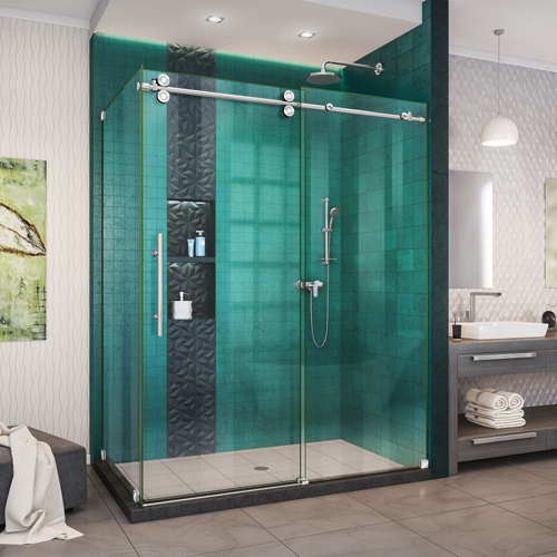 DreamLine Enigma-XO 32 1/2 in. D x 50-54 in. W x 76 in. H Frameless Shower Enclosure in Polished Stainless Steel