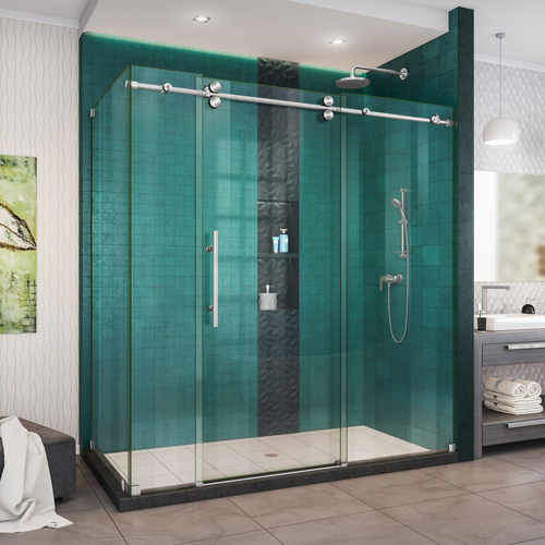 DreamLine Enigma-XO 32 1/2 in. D x 68 3/8-72 3/8 in. W x 76 in. H Frameless Shower Enclosure in Brushed Stainless Steel