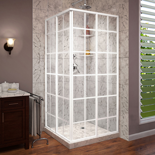 DreamLine French Corner 34 1/2 in. D x 34 1/2 in. W x 72 in. H Framed Sliding Shower Enclosure in White