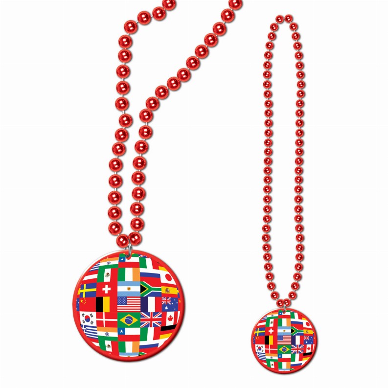 Beads with Medallion -  33"InternationalBeads with International Flag