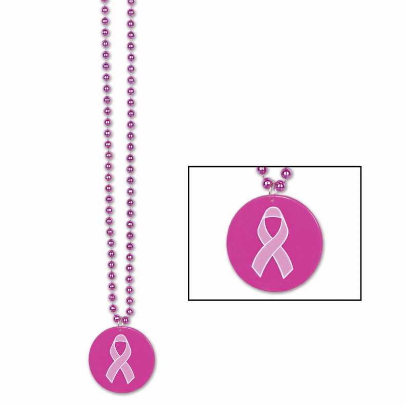 Beads with Medallion -  36"Pink RibbonBeads with Printed Pink Ribbon