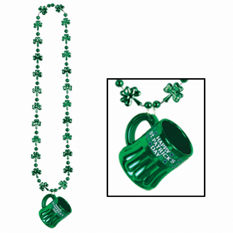 Beads with Medallion -  33"St. Patrick'sShamrock Beads with Happy St Pat's Mug