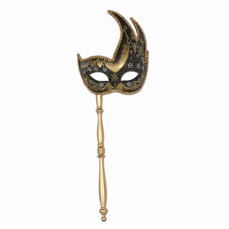 Novelty  - Mardi Gras Gold Glittered Mask with Stick