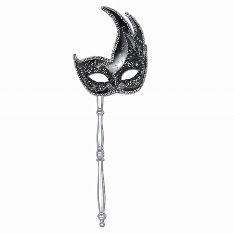 Novelty  - Mardi Gras Silver Glittered Mask with Stick