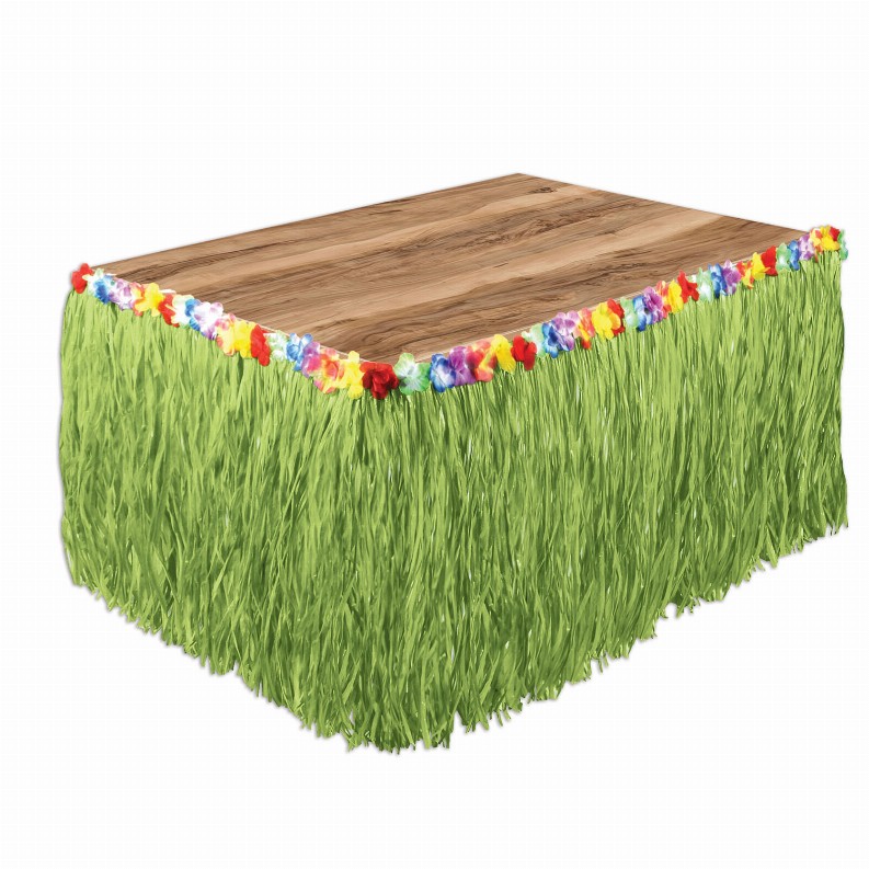 Table Skirts - Plastic  - Luau Artificial Grass Table Skirting - green; with floral trim