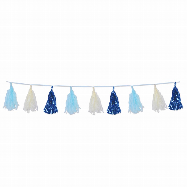 Tassel Garlands  - Baby Shower Blue Metallic & Tissue Tassel Garland