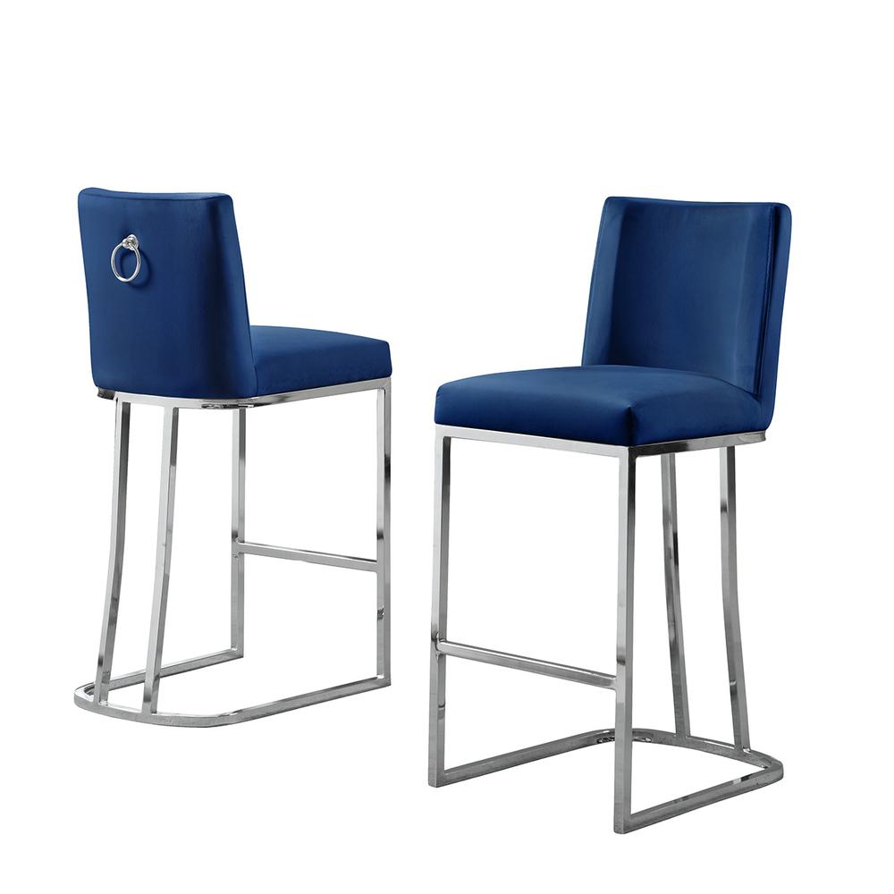 24" Velvet Counter Stool, Navy Blue, Chrome Base (Set of 2)