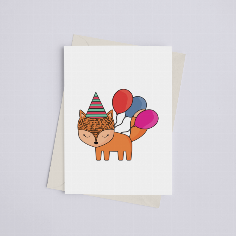 Birthday Fox with Balloons - Greeting Card