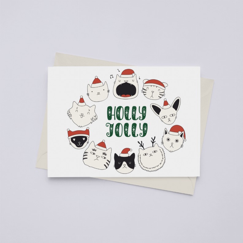 Holly Jolly Cat Wreath - Greeting Card