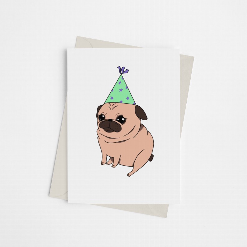 Pug with Party Hat - Greeting Card