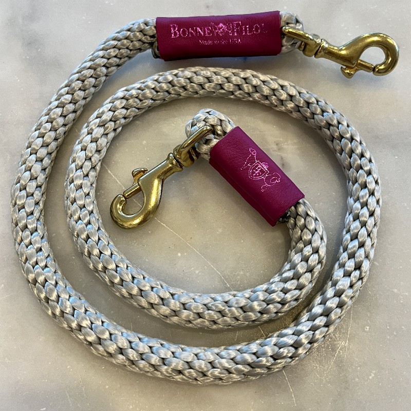 Rope Leash   Silver Gray w/ Fuchsia Leather Sleeve 