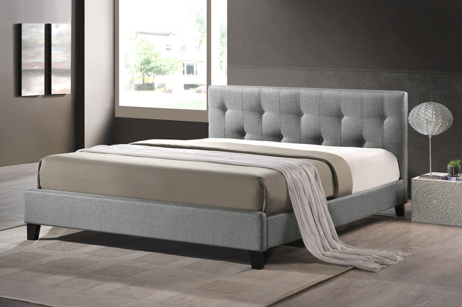 Baxton Studio Annette Gray Linen Modern Bed with Upholstered Headboard - Queen Size