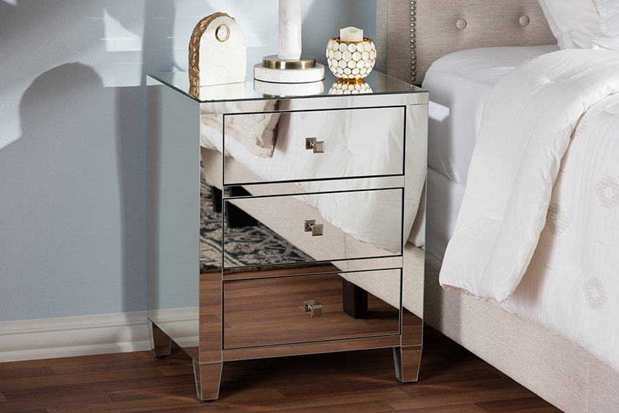 Baxton Studio Rosalind Hollywood Regency Glamour Style Mirrored 3-Drawer Nightstand (Set of 2)