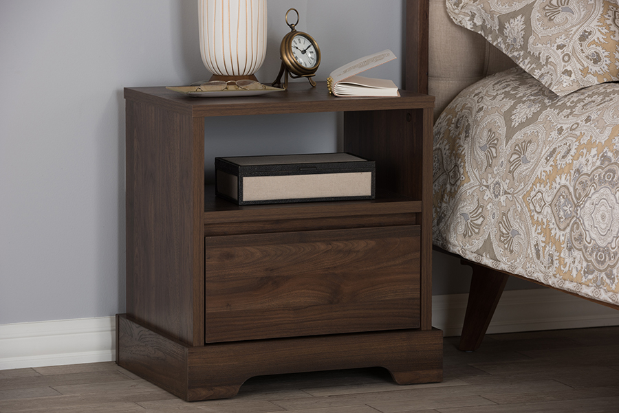 Baxton Studio Burnwood Modern and Contemporary Walnut Brown Finished Wood 1-Drawer Nightstand