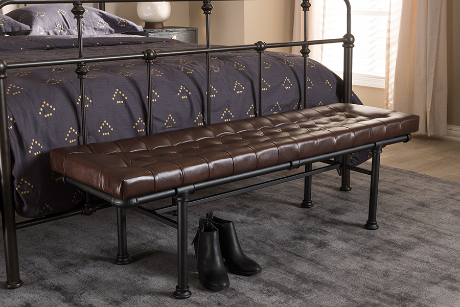 Baxton Studio Zelie Rustic and Industrial Brown Faux Leather Upholstered Bench