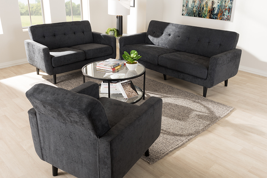 Baxton Studio Carina Mid-Century Modern Dark Grey Fabric Upholstered 3-Piece Living Room Set