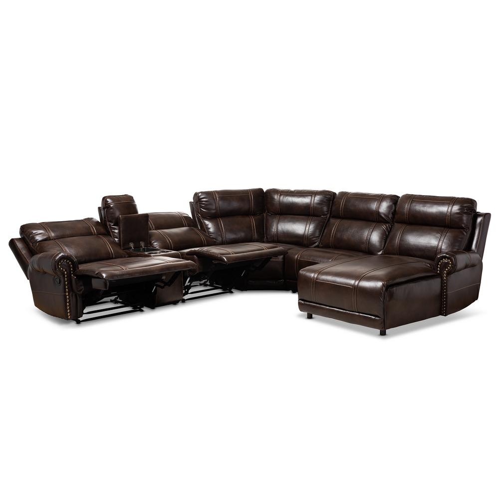 Baxton Studio Dacio Modern and Contemporary Brown Faux Leather Upholstered 6-Piece Sectional Recliner Sofa with 2 Reclining Seat