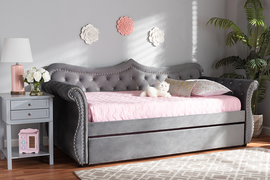 Baxton Studio Abbie Traditional and Transitional Grey Velvet Fabric Upholstered and Crystal Tufted Twin Size Daybed with Trundle