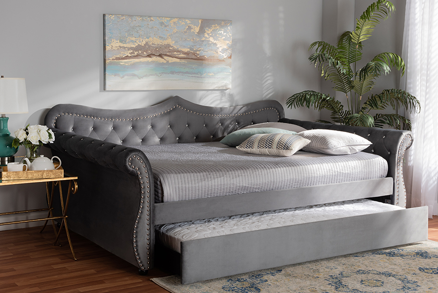 Baxton Studio Abbie Traditional and Transitional Grey Velvet Fabric Upholstered and Crystal Tufted Queen Size Daybed with Trundl