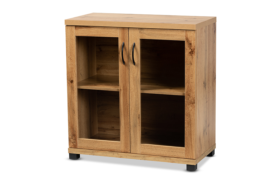 Baxton Studio Zentra Modern and Contemporary Oak Brown Finished Wood 2-Door Storage Cabinet with Glass Doors